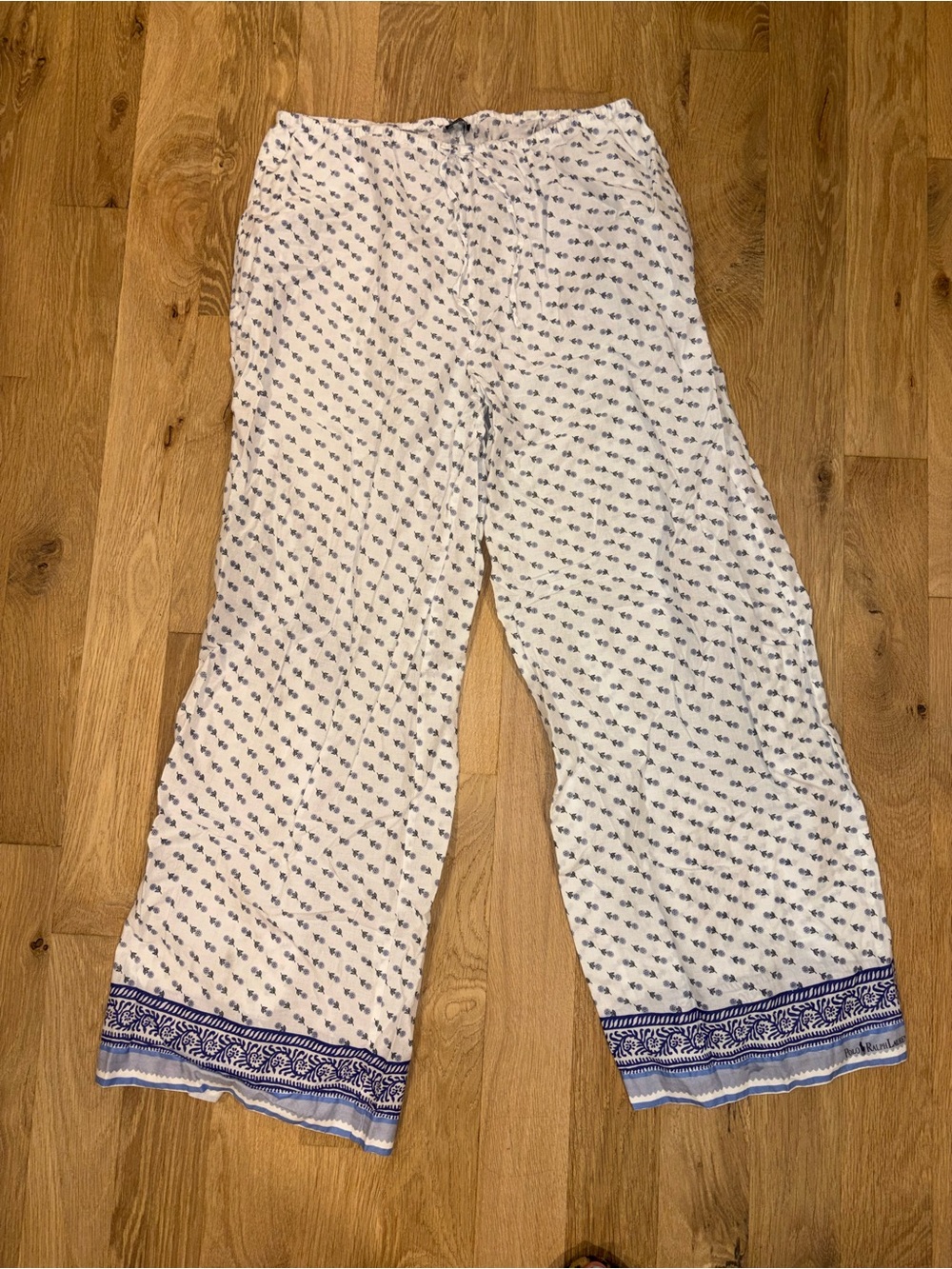 Polo Ralph Lauren Women's White and Blue Printed Wide-Leg Pants